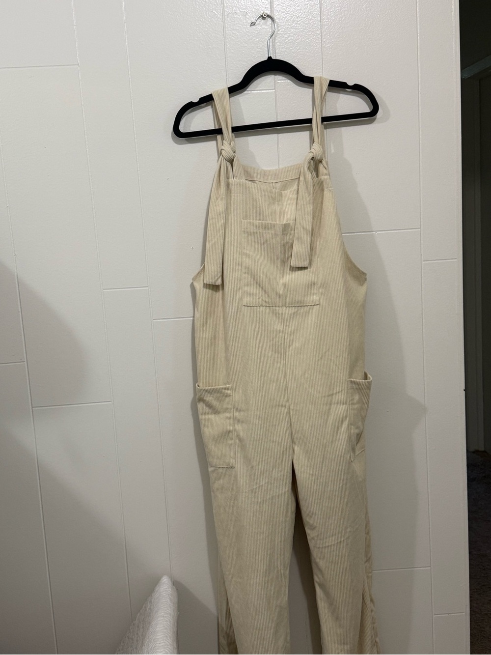 Cream Tie-Strap Corduroy Overalls